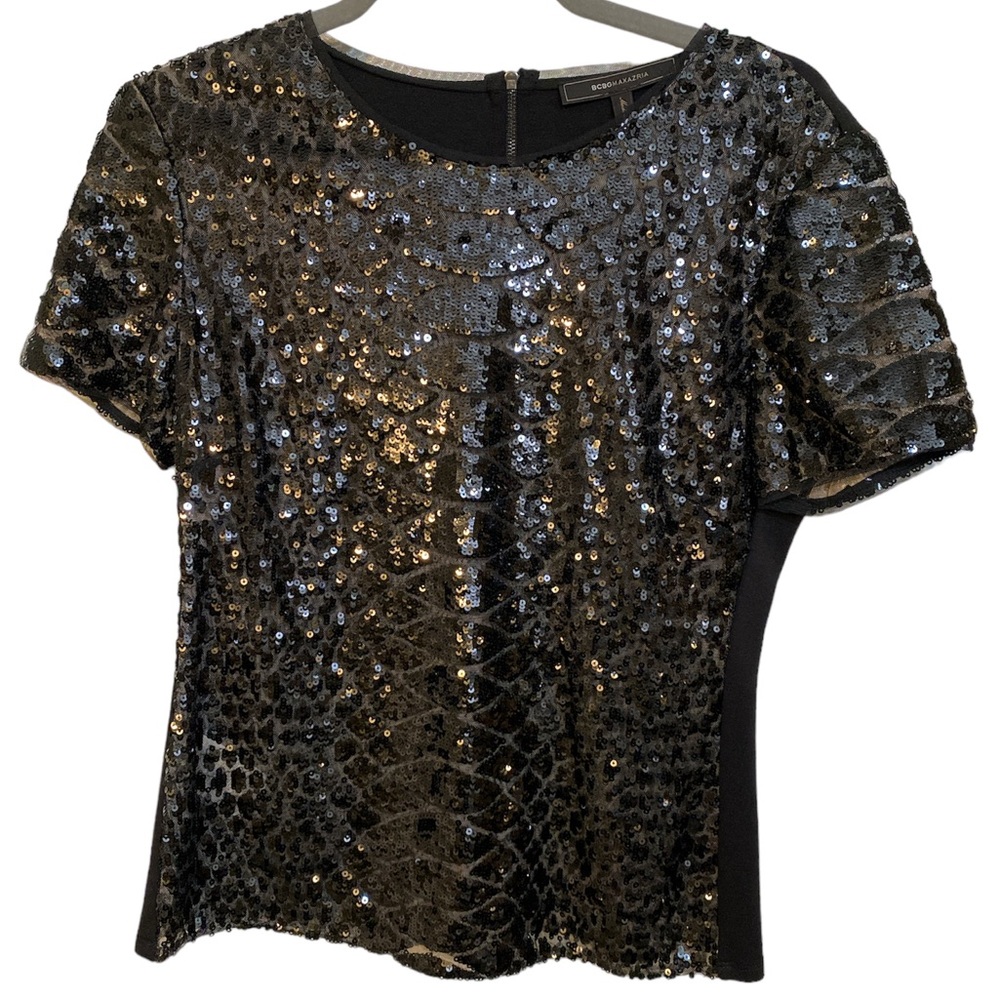 BCBGMAXAZRIA Sequin Black Top Short Sleeves Full Zipper Back Special Event sz M